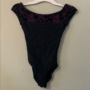 Wear Moi black and purple floral leotard